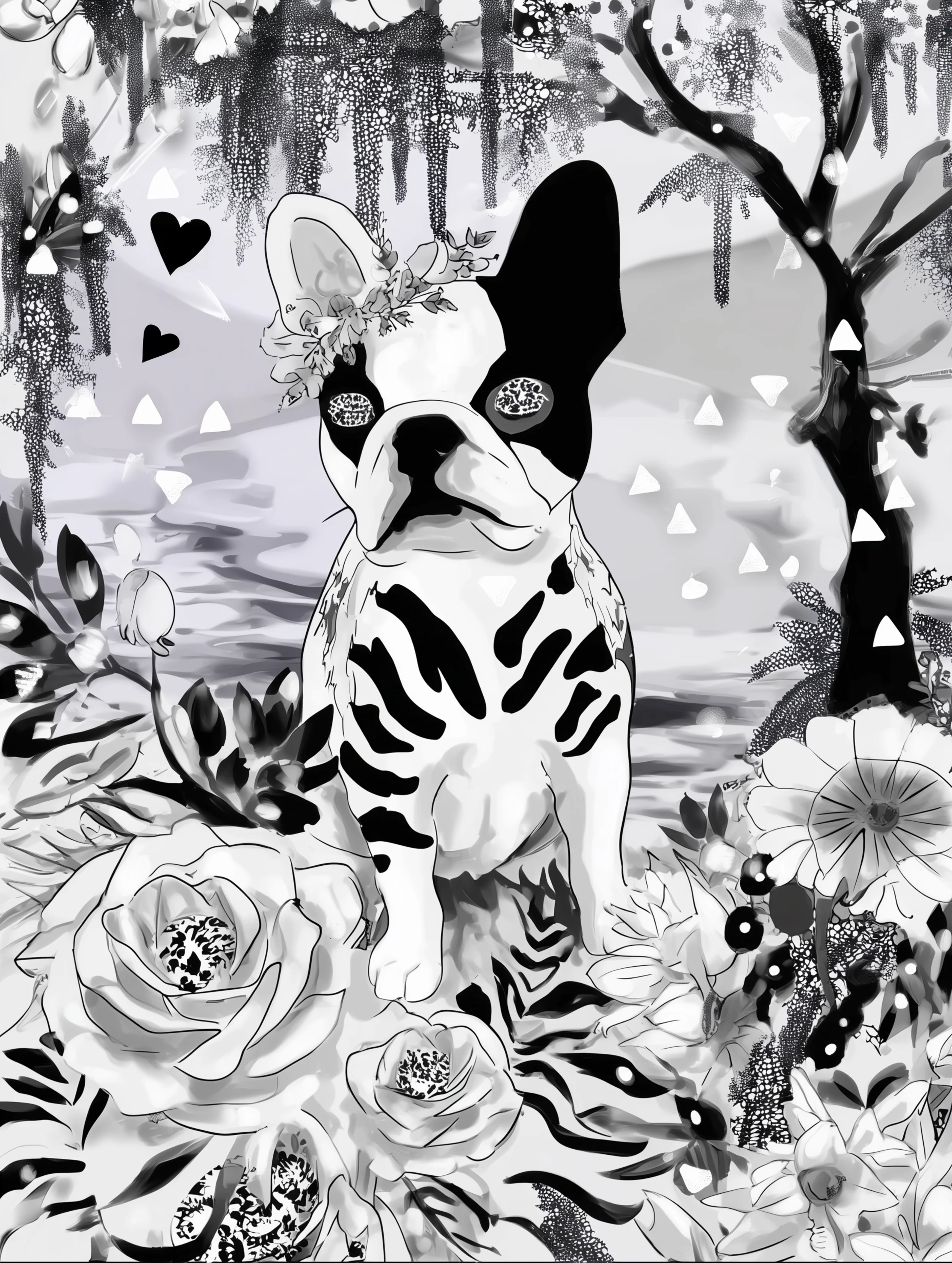 Free printable french bulldog coloring page featuring a french bulldog in a nature setting